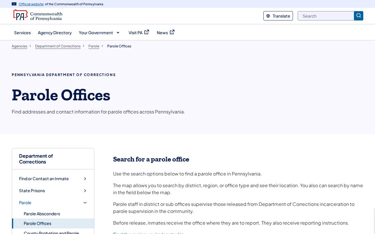 PA DOC office lookup for Monroe County post-release supervision